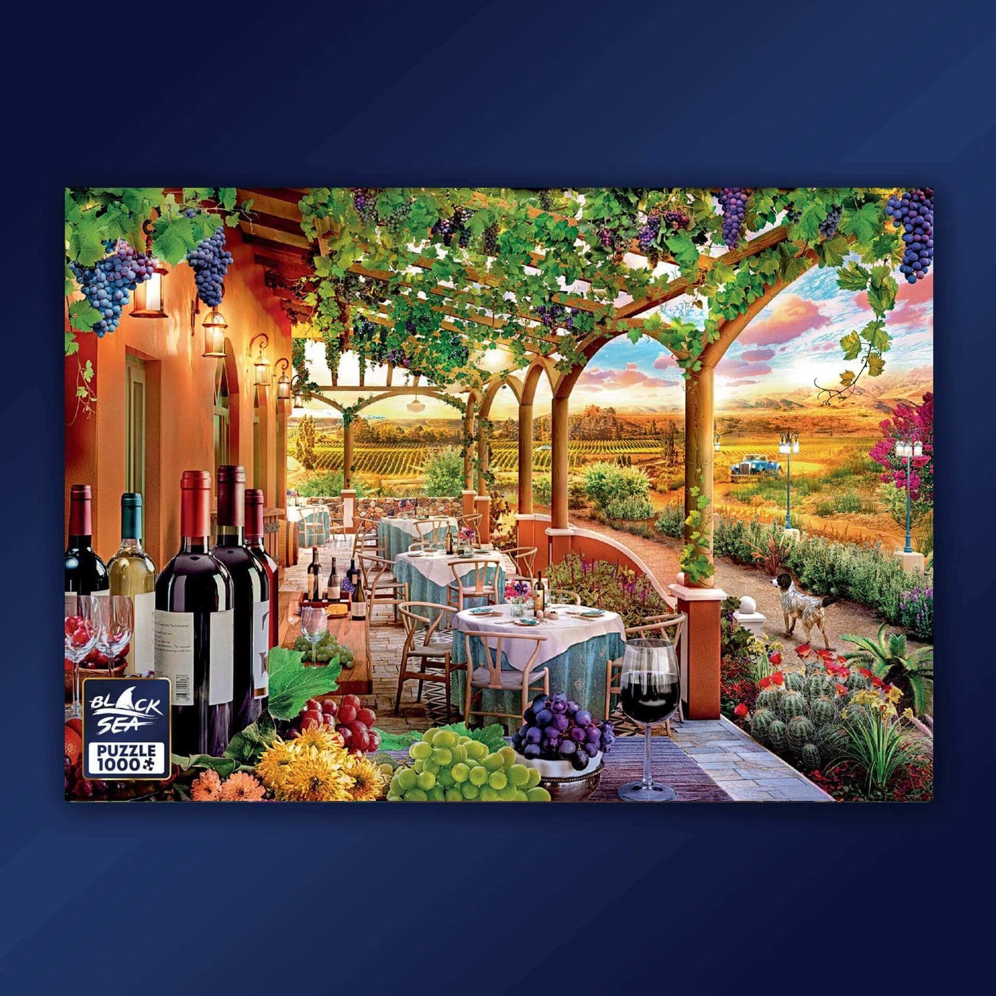 Puzzle Black Sea Premium 1000 pieces - Valley of the Wine, It is that time of the year when the caress of the sun brings sweetness to the grapes on their vines across the lands. Choose a table and enjoy a glass of tasty chilled wine in the coolness of the