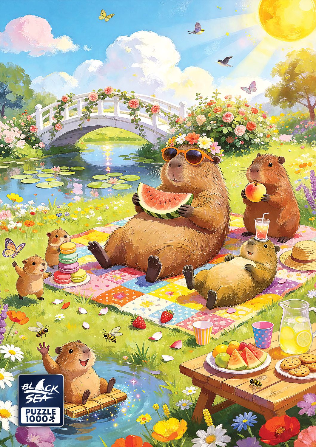 Capybaras on a Family Picnic 1000 piece jigsaw puzzle – finished picture