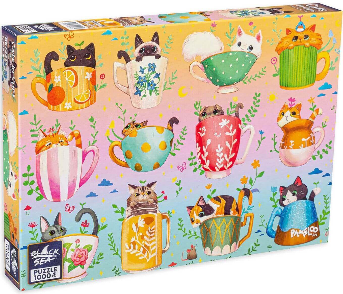 Puzzle Black Sea Premium 1000 pieces - Cats in Cups, Twelve different cups, each one hiding a fluffy surprise. Whether it will be a white, a black, or a multi-coloured one – you decide where to start. If you are a collector of mugs and cats fill your hear