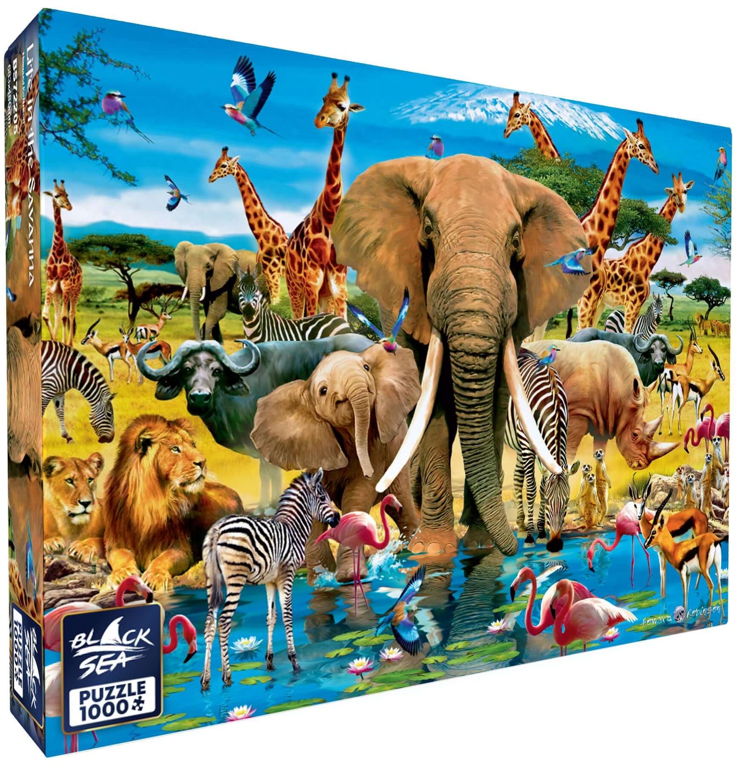 Puzzle Black Sea Premium 1000 pieces - Life in the Savanna, A diversity of animal and plant species, lakes and oases – this is the Savanna. It is home to the majestic lions and leopards, to graceful antelopes, to the gigantic elephants, the fast zebra and