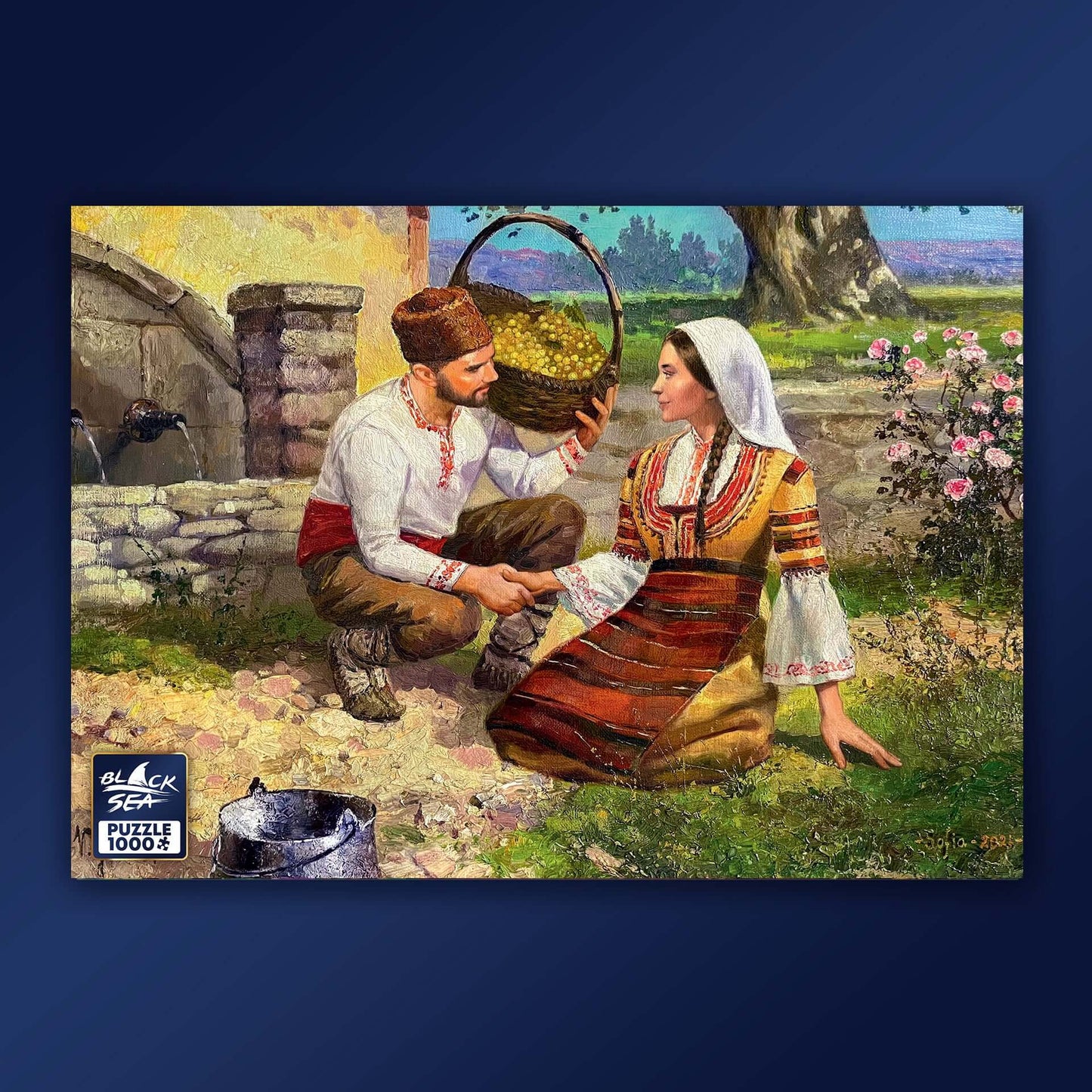 Puzzle Black Sea 1000 pieces - By the fountain, The autumn air was sweet with the scents of the freshly picked grapes and lush roses. With her long hair braided, dressed in her best attire, she went to the fountain to fetch water for the thirsty grape-pic