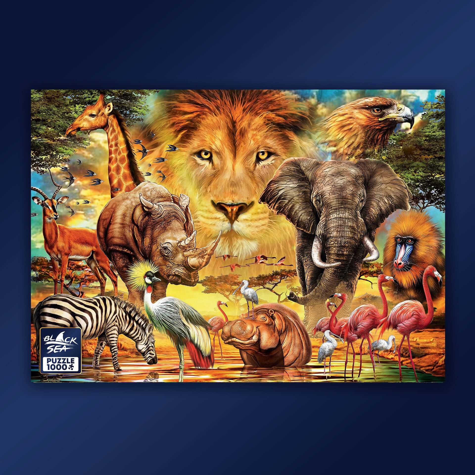 Puzzle Black Sea 1000 pieces - In the heart of africa, Under the scorching sunrays in the African savanna that drain the life from the grass and make the air burn your lungs, animals seek refuge around the few remaining water basins. There they coexist pe