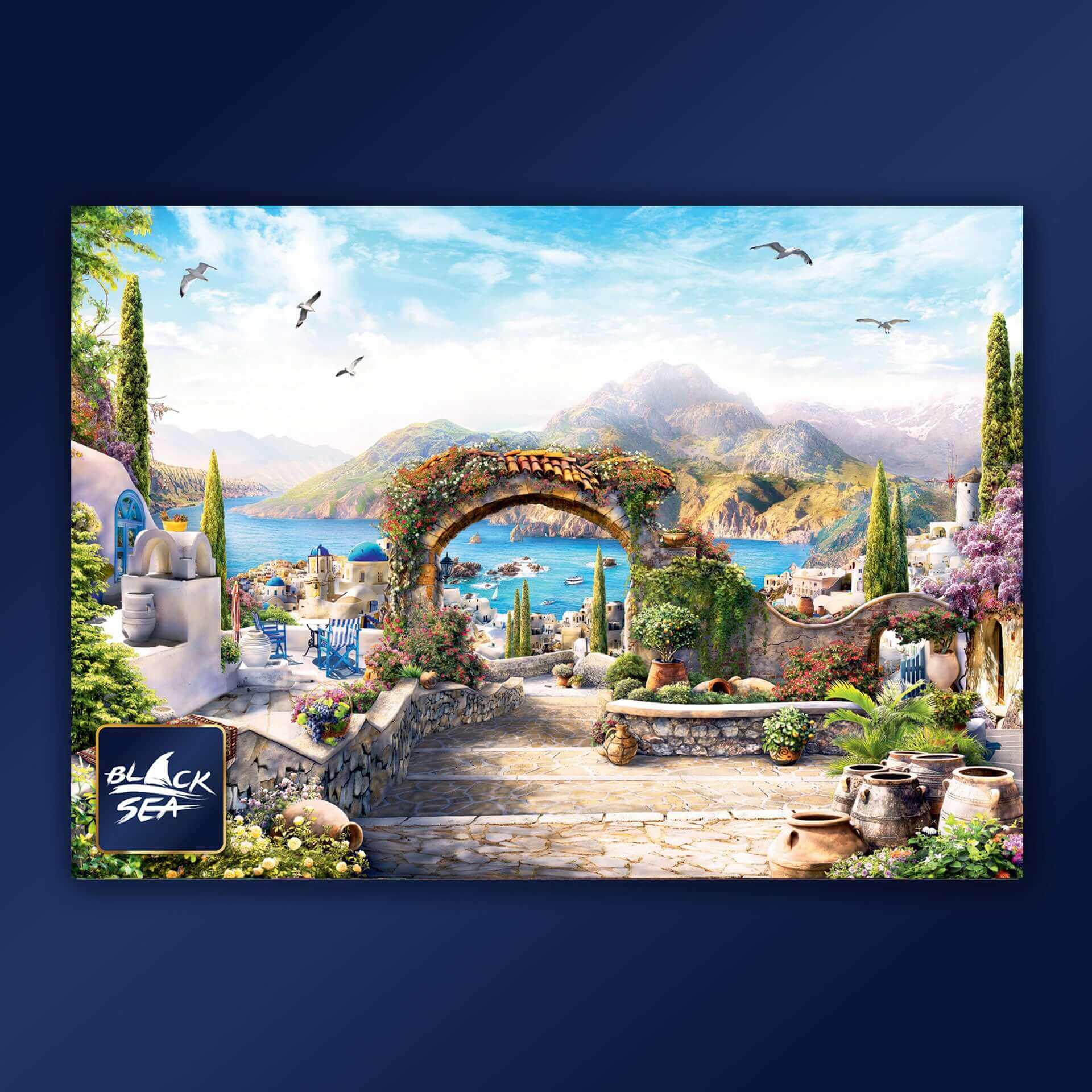 Puzzle Black Sea 1000 pieces - Sunny Greece, Go for a walk by the sea in the lush summer and let its soft, blue peace overwhelm you. Feel the caress of the rays of the sun slowly turning your skin into bronze. The soft rhythm of the waves is disturbed onl