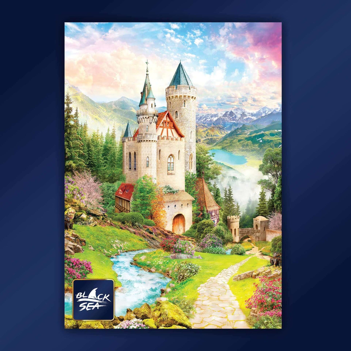 Puzzle Black Sea 1000 pieces - The Fantasy Castle, A majestic castle made of stone reigns over the hill, surrounded by emerald fields where the grass dances with the winds. Fountains adorn the façade of the castle. Their jets of water rise towards the ski