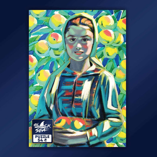 Mini puzzle Black sea 54 pieces - Maiden with Apples, A Maiden with Apples, one of Vladimir Dimitrov 'Maystora's most famous paintings, is a great example of his bright, distinctive individual style. The figure of the young maiden on the verge of womanhoo