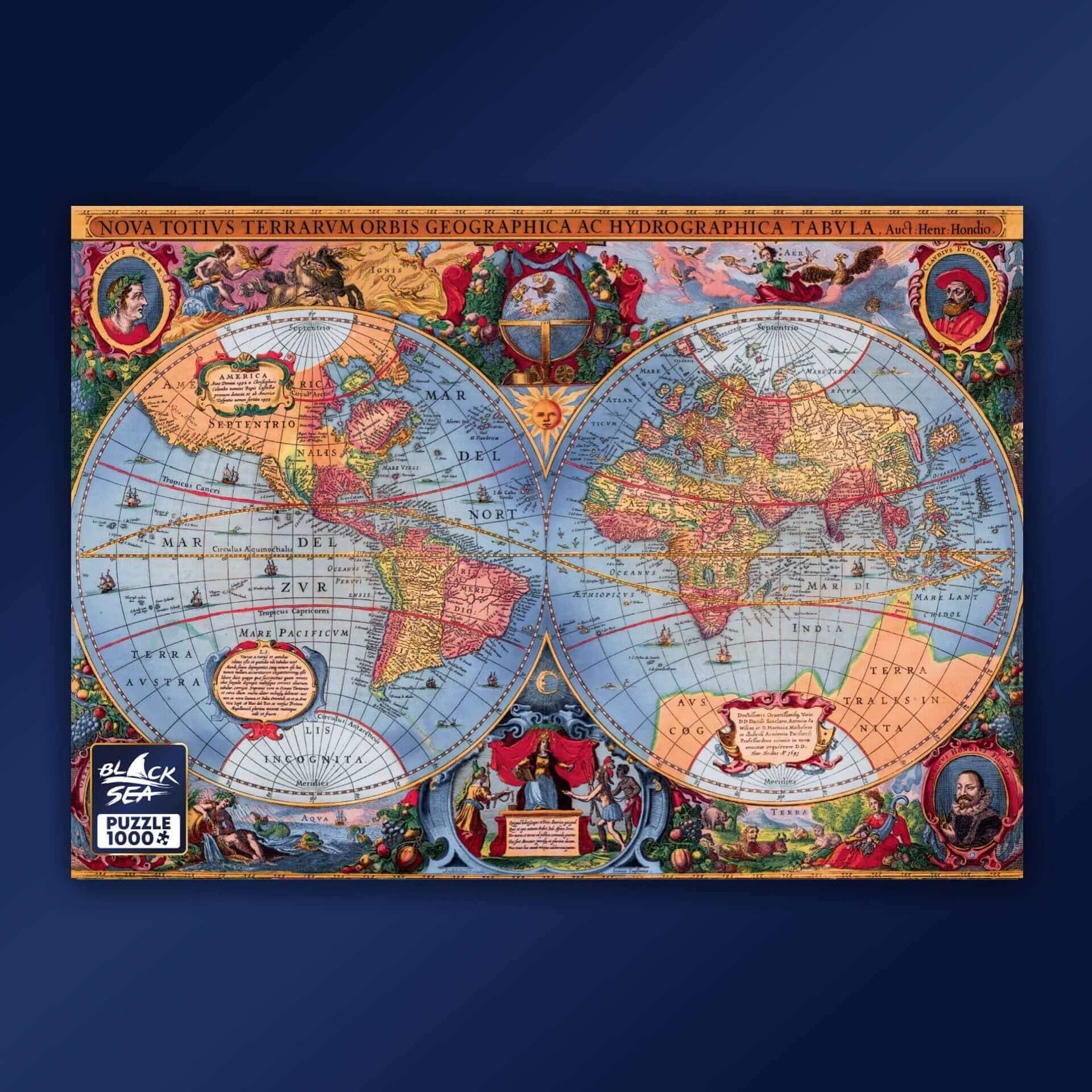 Puzzle Black Sea Premium 1000 pieces - Ancient World Map, 1630, The talented Dutch engraver and cartographer Henry Hondios (Henricus Hondius) created an ancient map in 1630, which since then arouses admiration, and from the distance of time we can rightly