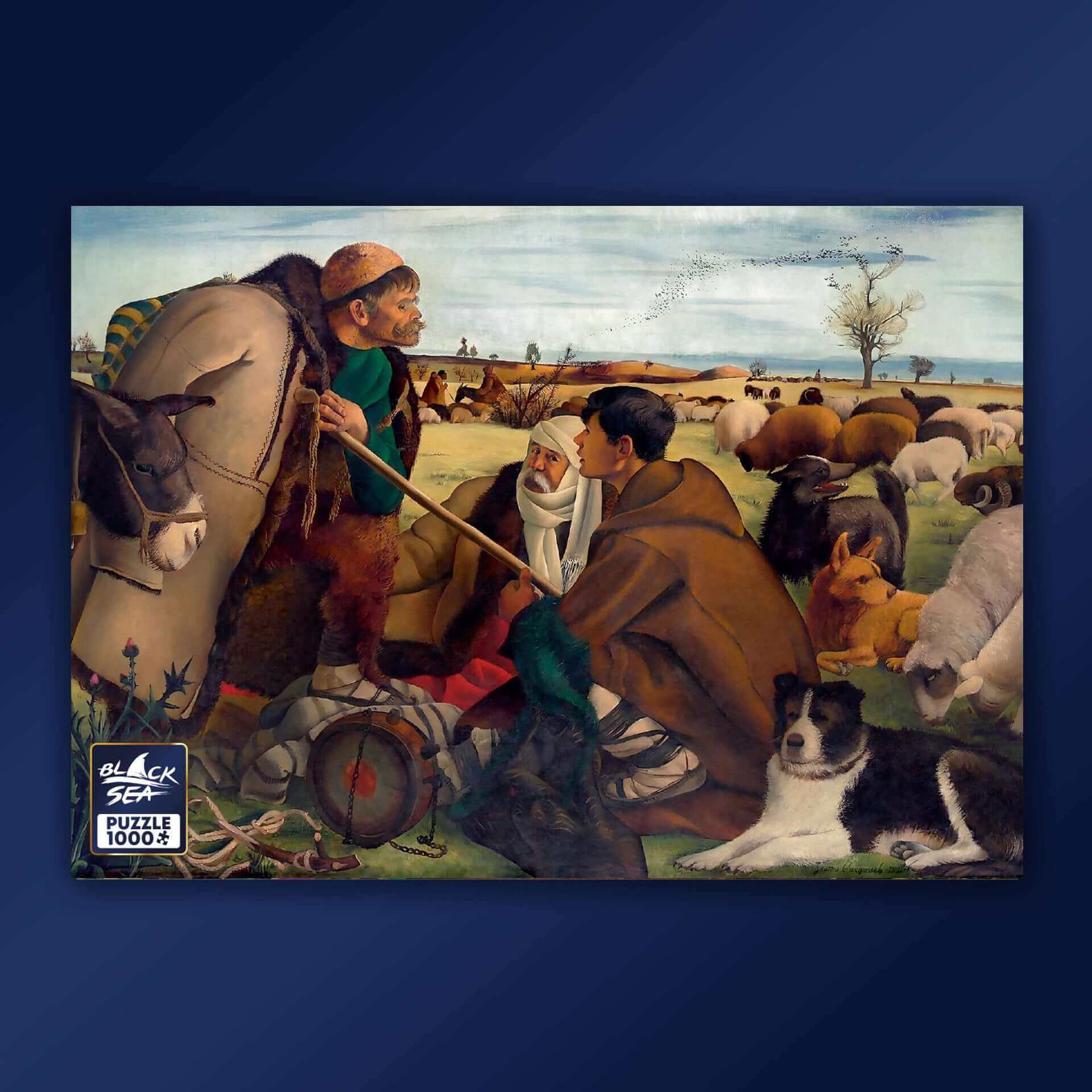 Puzzle Black Sea Premium 1000 pieces - Brezovo Shepherds, The emblematic painting Brezovo Shepherds dates from the first period of renowned Bulgarian painter Zlatyu Boyadzhiev; it is characterized by taut lines and a deep insight into the psyche of the de