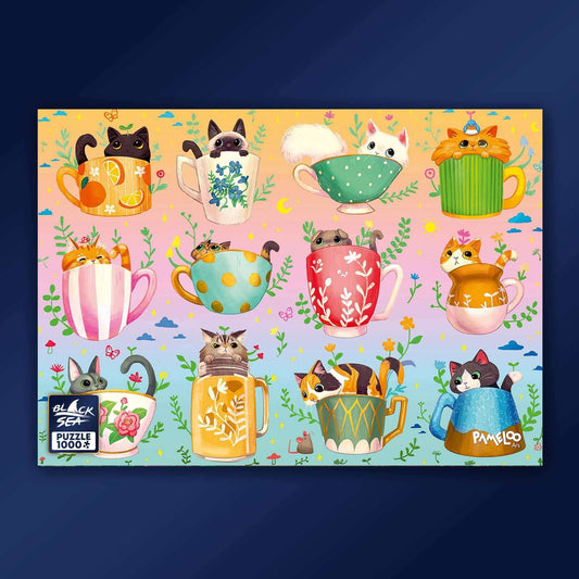 Puzzle Black Sea Premium 1000 pieces - Cats in Cups, Twelve different cups, each one hiding a fluffy surprise. Whether it will be a white, a black, or a multi-coloured one – you decide where to start. If you are a collector of mugs and cats fill your hear