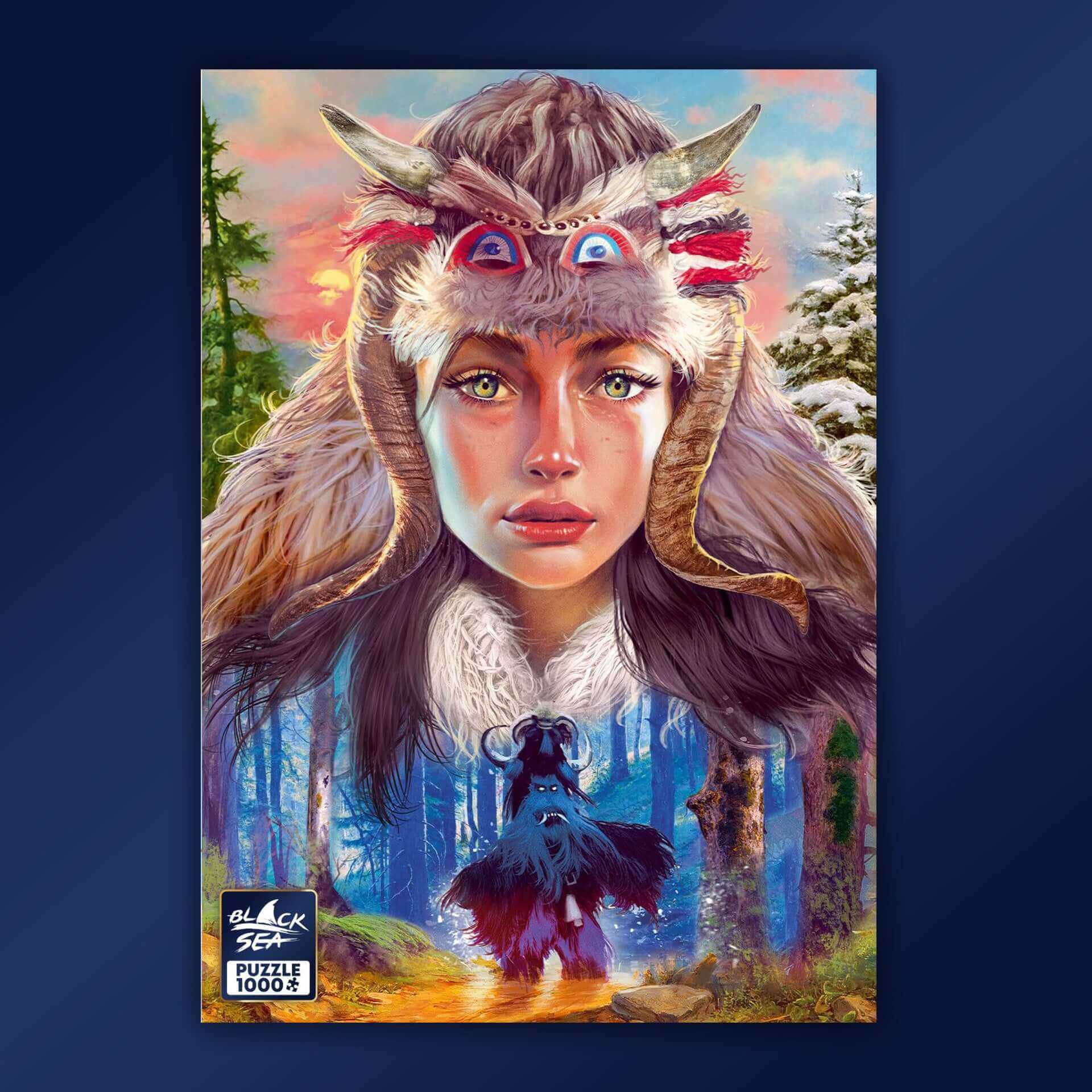 Puzzle Black Sea Premium 1000 pieces - Kukeri, The ancient Bulgarian custom of chasing away evil spirits does not always look scary and diabolical. The Bulgarian maiden enchants the evil forces with her feminine charm and bewitching look which radiates co