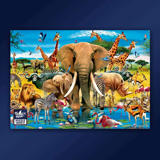 Puzzle Black Sea Premium 1000 pieces - Life in the Savanna, A diversity of animal and plant species, lakes and oases – this is the Savanna. It is home to the majestic lions and leopards, to graceful antelopes, to the gigantic elephants, the fast zebra and