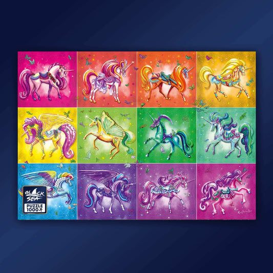 Puzzle Black Sea Premium 1000 pieces - Rainbow Unicorns, Do you love stories and puzzles about mystical creatures? If so, invite magic into your home with these 12 coloured unicorns recreated inimitably by the talented illustrator Rose Catherine Khan. Cre