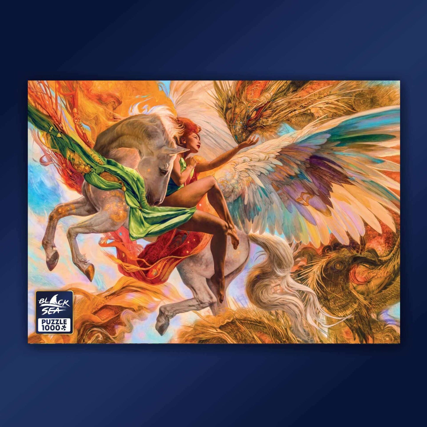 Puzzle Black Sea Premium 1000 pieces - The Legend of Pegasus, Violent and mystical, the winged horse Pegasus, recreated with an enviable mastery by the artist Julie Bell, is one of the most recognizable images in the ancient Greek mythology. According to