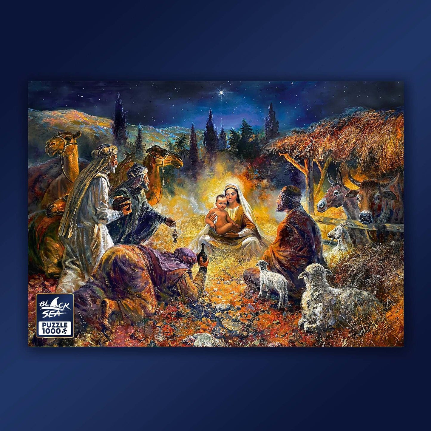 Puzzle Black Sea Premium 1000 pieces - The Magi Pay Homage, The Bulgarian artist Vasil Goranov presents an extraordinary interpretation based on the classical scene from the Bible, depicting the homage paid by the Magi to the new-born Saviour. The picture