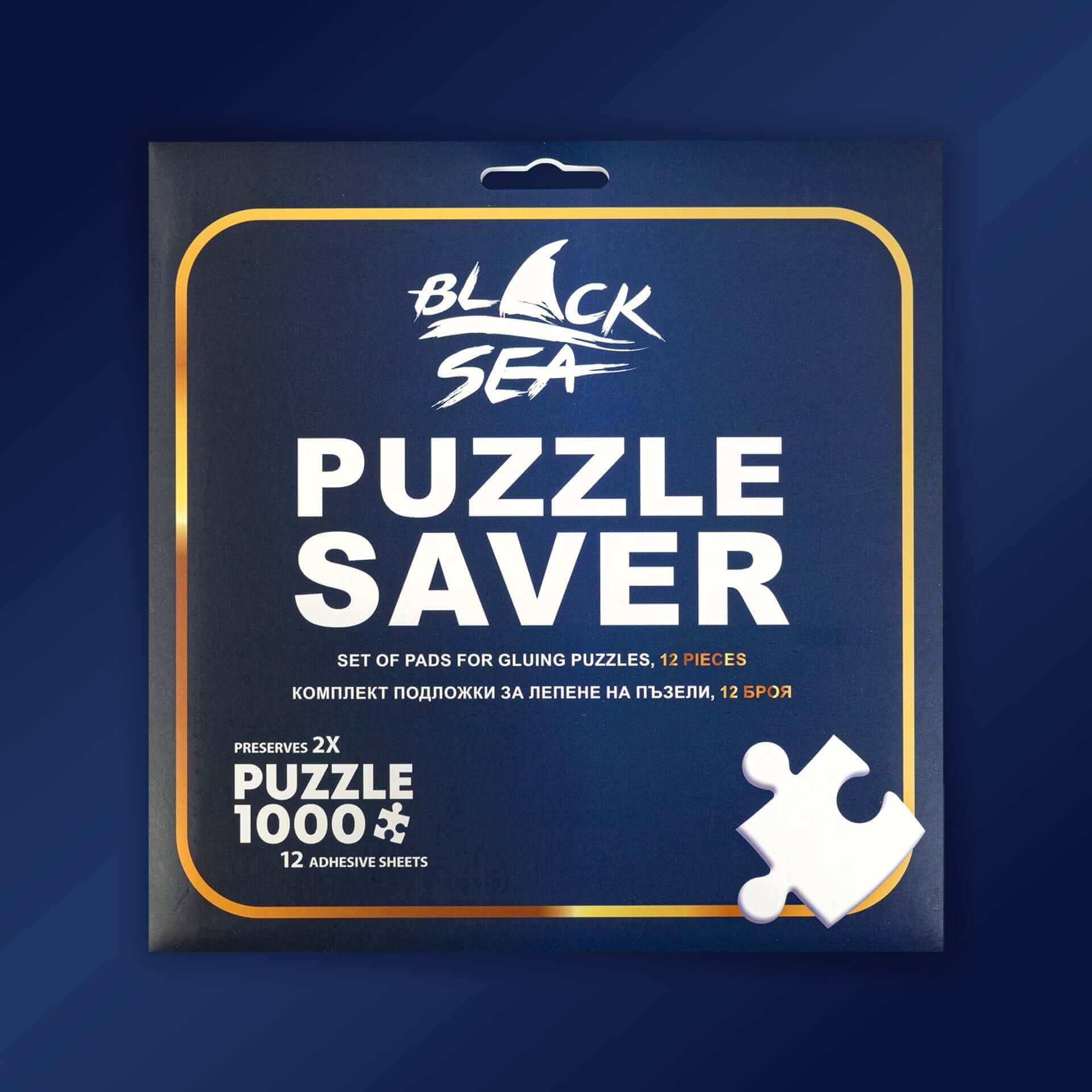 Black Sea Puzzles - Puzzle Saver, Set of puzzle saver stickers by Black Sea. Contents: 12 pieces of adhesive stickers measuring 19 x 38 cm each; Instructions. The stickers can secure 2 puzzles with 1000 pieces, 1 puzzle with 2000 pieces, or 4 puzzles with