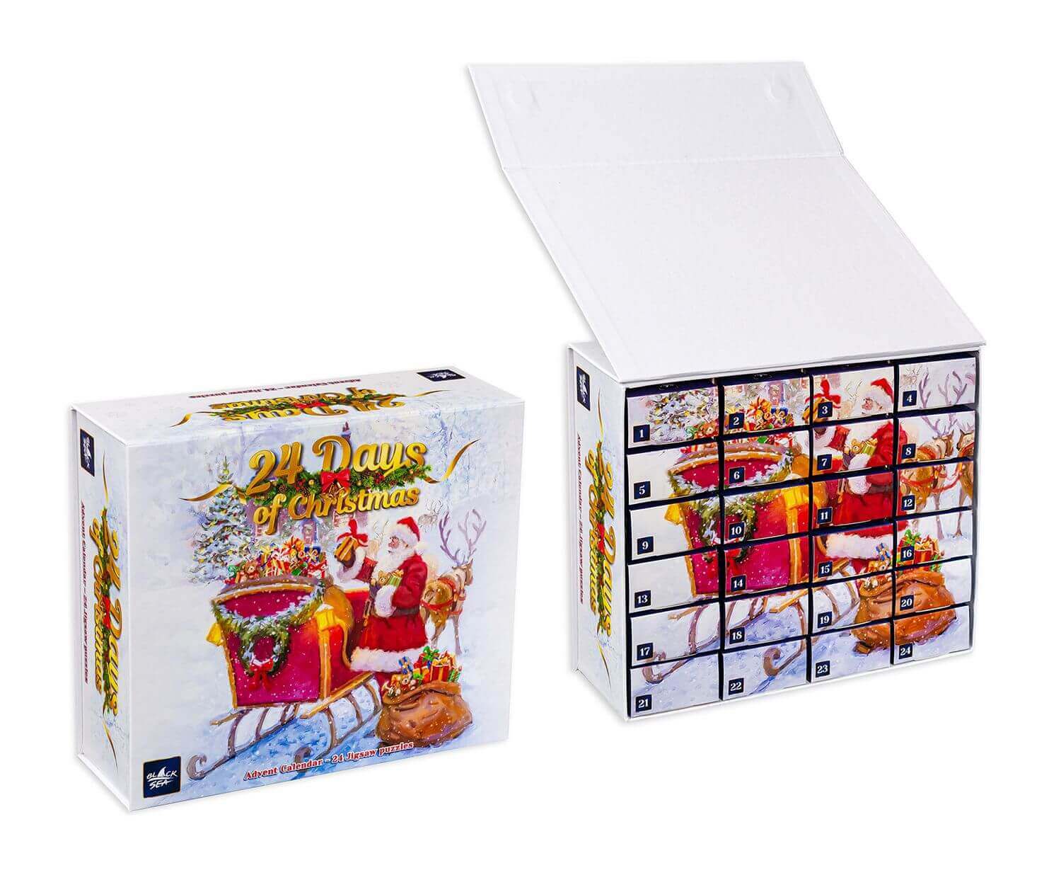Christmas Advent Calendar 24x54 pieces - 24 Days of Christmas, Unveil a piece of Christmas magic every day with the latest addition to the Black Sea collection - an advent calendar featuring 24 thematic mini puzzles, packaged in a luxurious box. In the sp