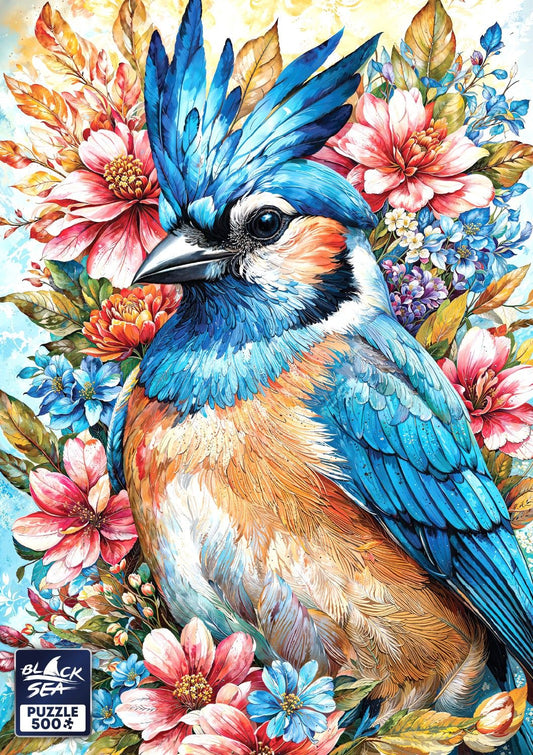 Puzzle Black Sea 500 pieces - Among the Flowers: Blue Jay