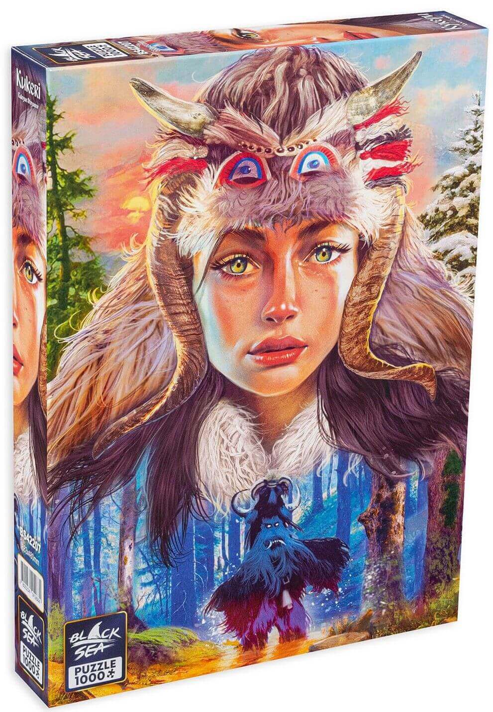 Puzzle Black Sea Premium 1000 pieces - Kukeri, The ancient Bulgarian custom of chasing away evil spirits does not always look scary and diabolical. The Bulgarian maiden enchants the evil forces with her feminine charm and bewitching look which radiates co