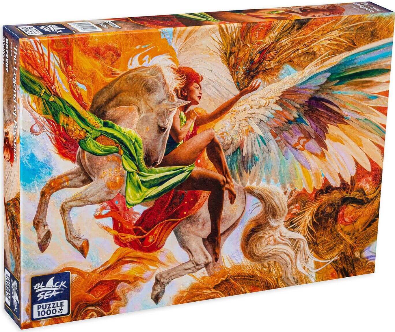 Puzzle Black Sea Premium 1000 pieces - The Legend of Pegasus, Violent and mystical, the winged horse Pegasus, recreated with an enviable mastery by the artist Julie Bell, is one of the most recognizable images in the ancient Greek mythology. According to