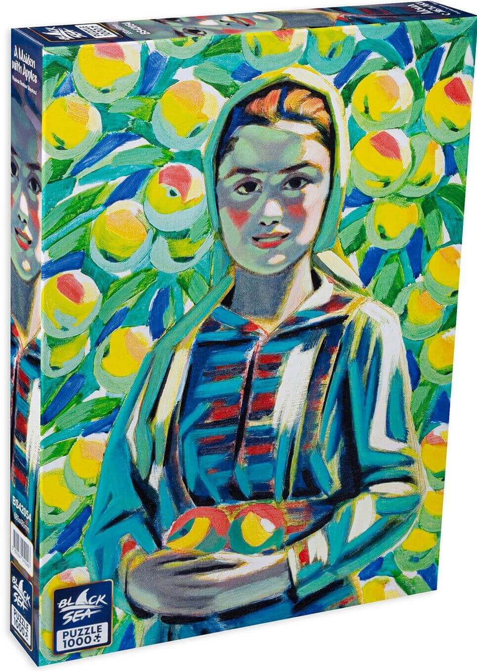 Puzzle Black Sea Premium 1000 pieces - A Maiden with Apples, A Maiden with Apples, one of Vladimir Dimitrov 'Maystora's most famous paintings, is a great example of his bright, distinctive individual style. The figure of the young maiden on the verge of w