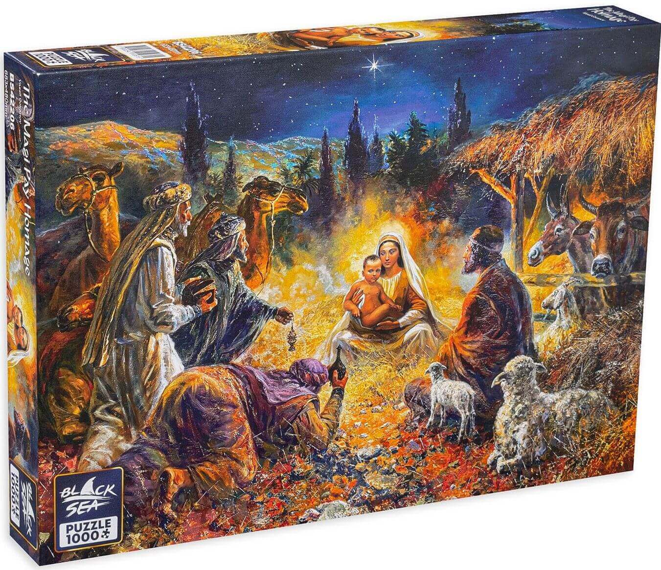 Puzzle Black Sea Premium 1000 pieces - The Magi Pay Homage, The Bulgarian artist Vasil Goranov presents an extraordinary interpretation based on the classical scene from the Bible, depicting the homage paid by the Magi to the new-born Saviour. The picture