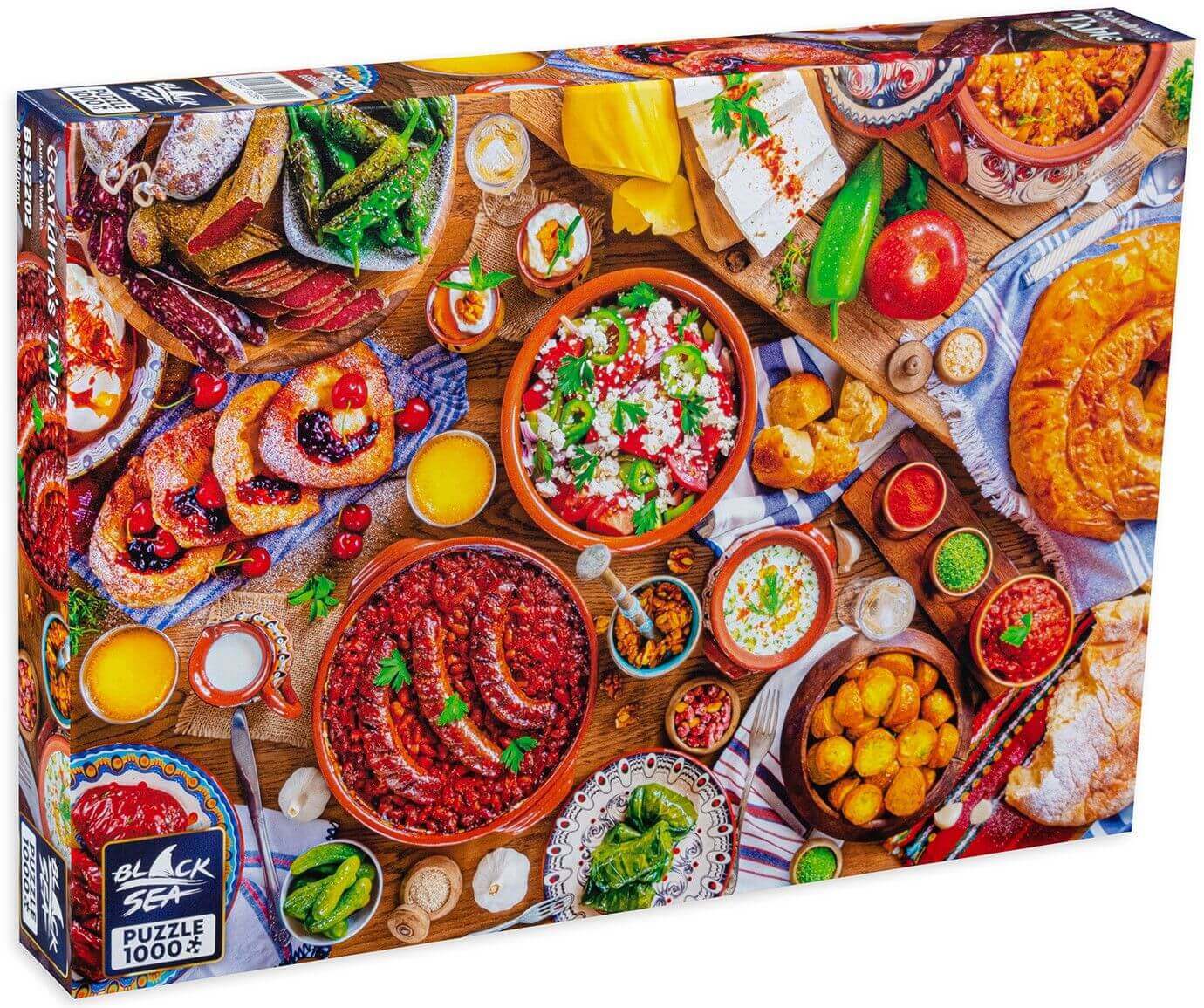 Puzzle Black Sea Premium 1000 pieces - Grandma's Table, Grandma’s table is cluttered with amazing dishes. The room is filled with an aroma of coziness and warmth. Banitsa, sarmi, stuffed peppers - all those traditional tastes that take us back to our chil