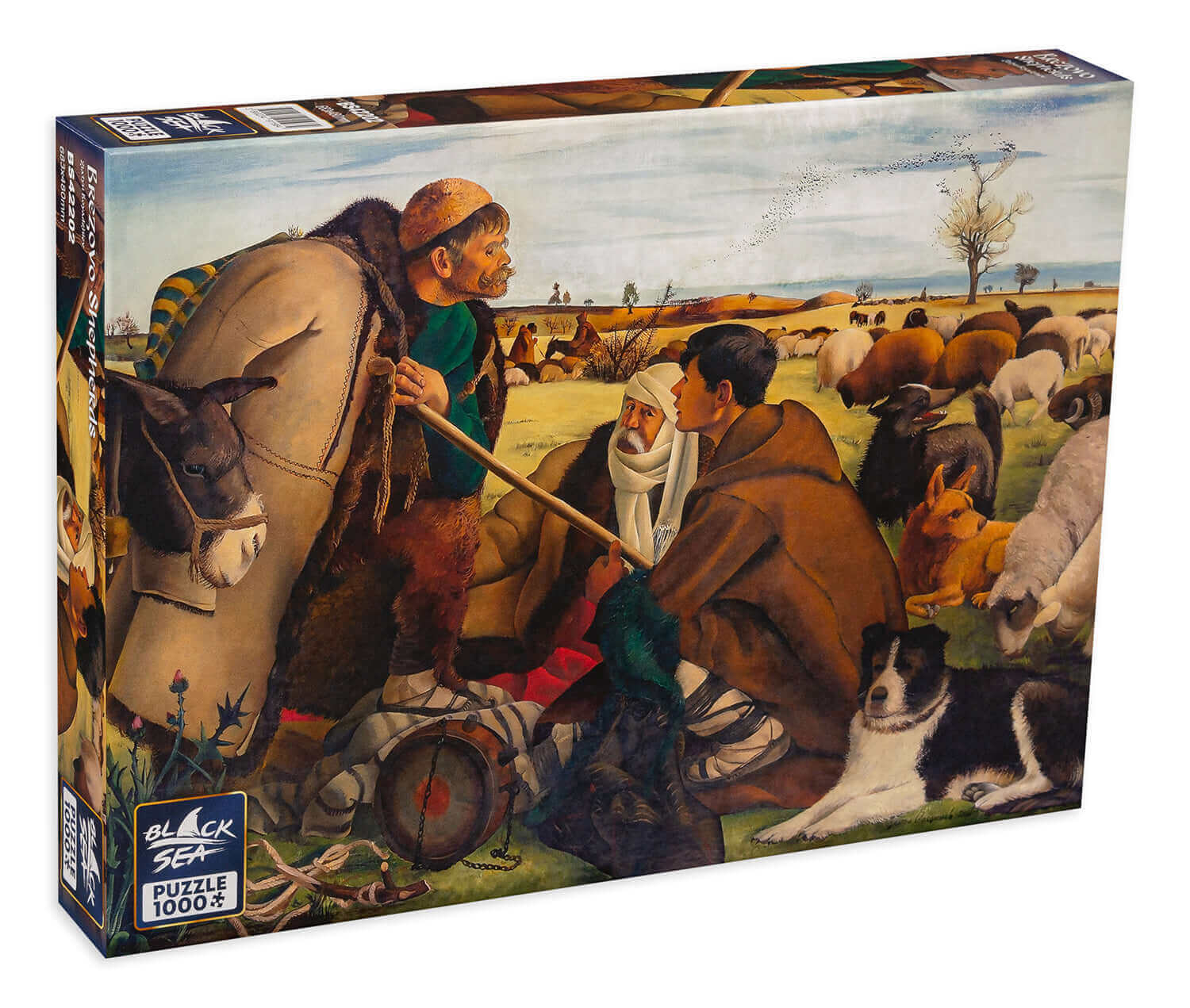 Puzzle Black Sea Premium 1000 pieces - Brezovo Shepherds, The emblematic painting Brezovo Shepherds dates from the first period of renowned Bulgarian painter Zlatyu Boyadzhiev; it is characterized by taut lines and a deep insight into the psyche of the de