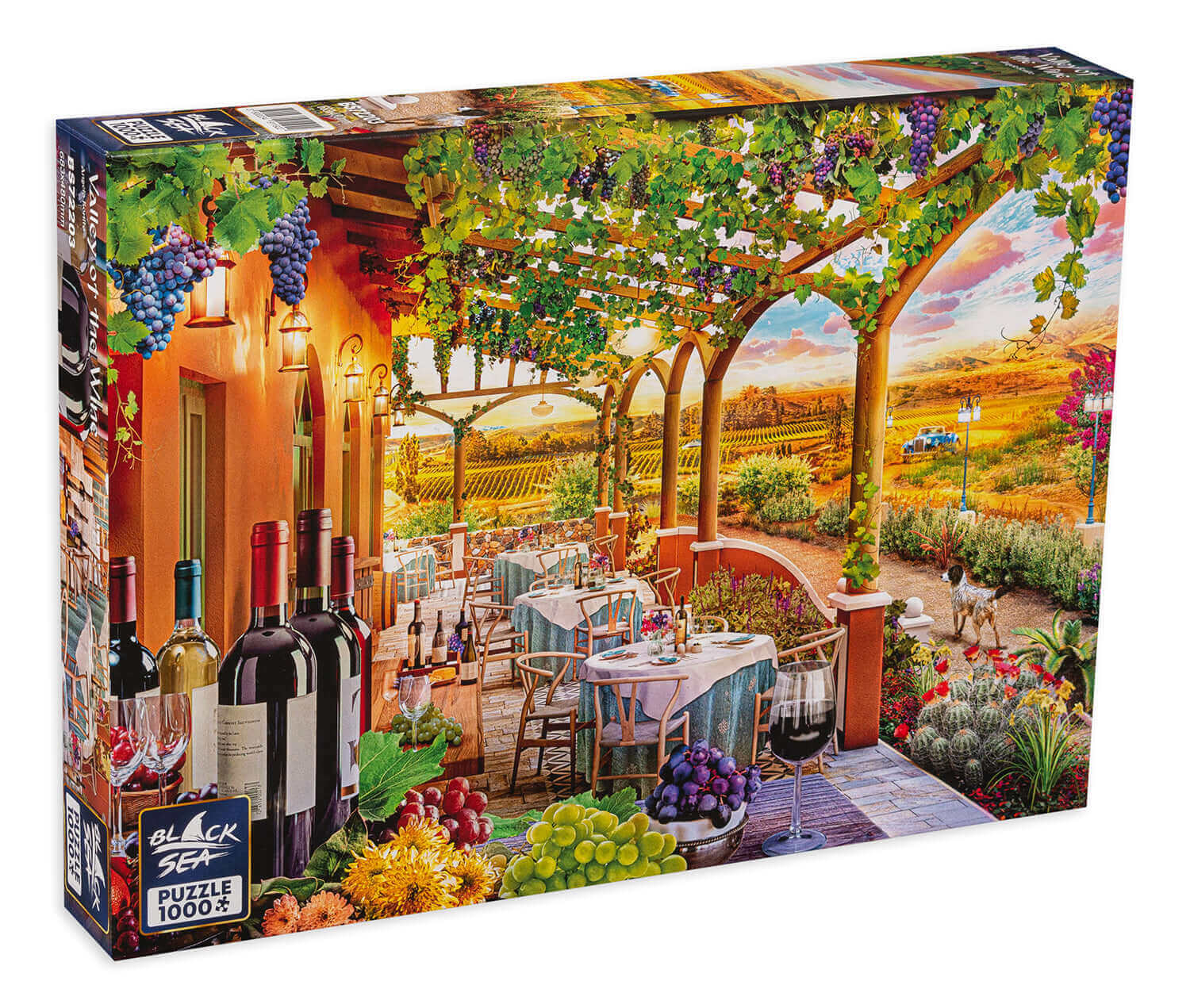 Puzzle Black Sea Premium 1000 pieces - Valley of the Wine, It is that time of the year when the caress of the sun brings sweetness to the grapes on their vines across the lands. Choose a table and enjoy a glass of tasty chilled wine in the coolness of the