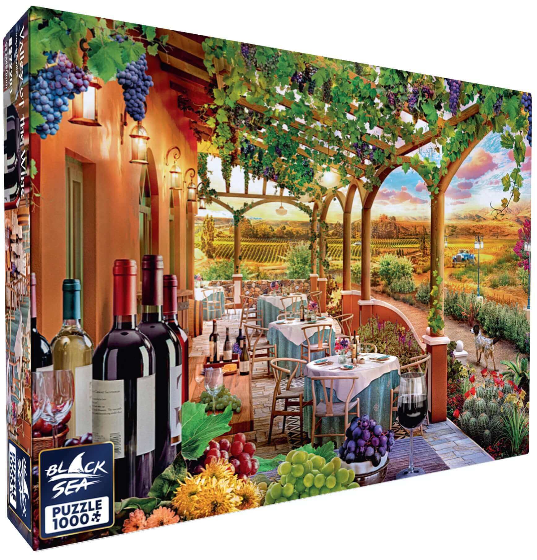Puzzle Black Sea Premium 1000 pieces - Valley of the Wine, It is that time of the year when the caress of the sun brings sweetness to the grapes on their vines across the lands. Choose a table and enjoy a glass of tasty chilled wine in the coolness of the
