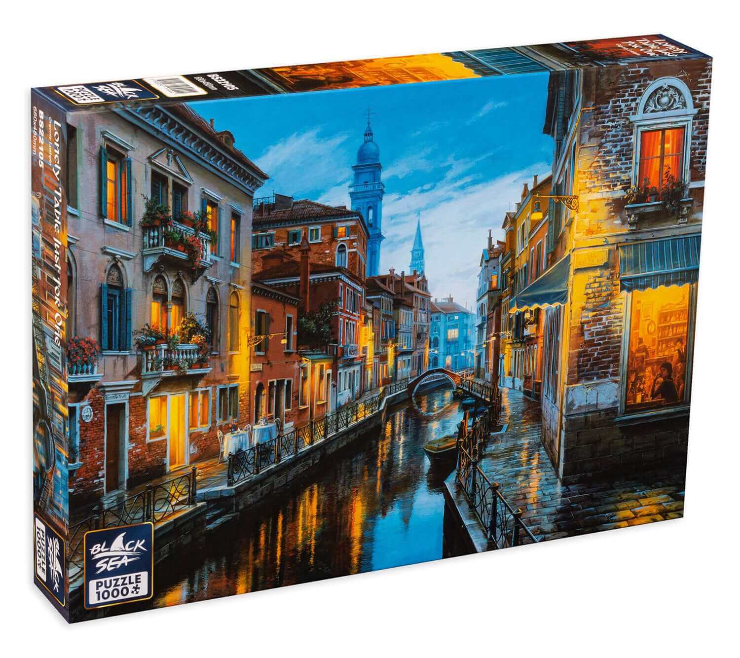 Puzzle Black Sea 1000 pieces - A table for one, The evening had just begun, and the nice little streets glowed gently under the soft light of the streetlamps. She was tired of the long day, so she went in the first café she saw. She ordered a cappuccino,