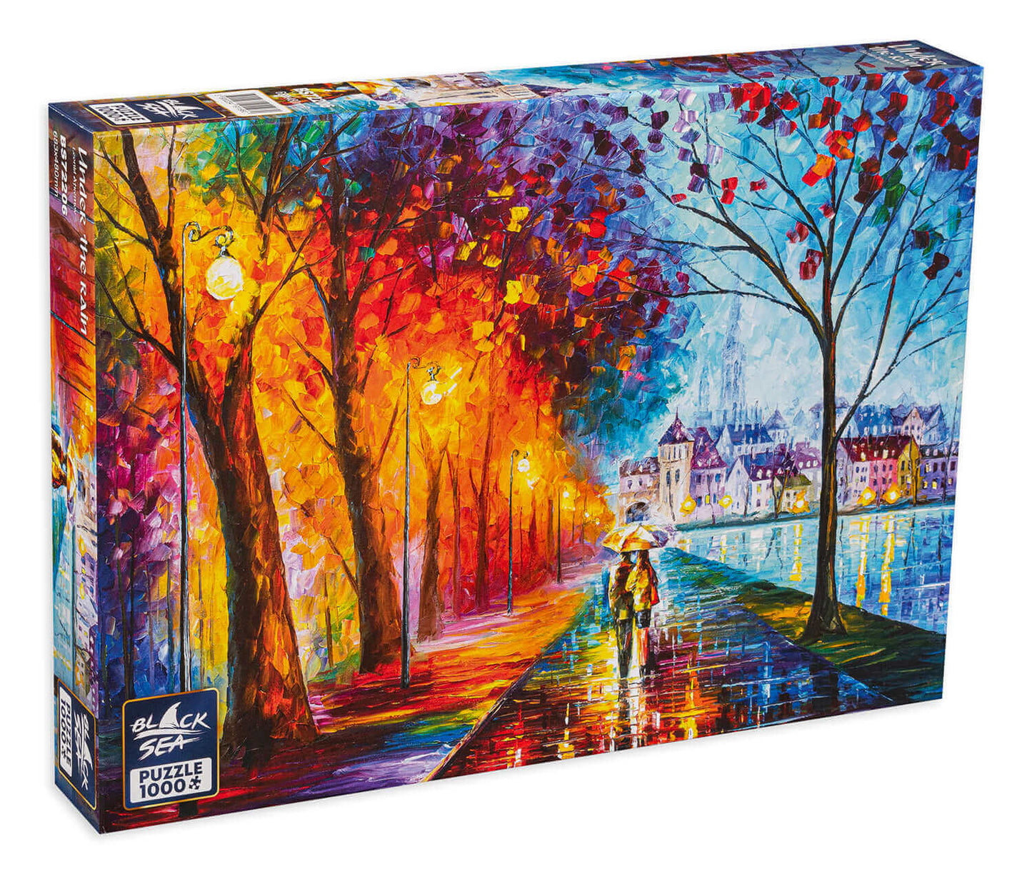 Puzzle Black Sea Premium 1000 pieces - Under the Rain, Leonid Afremov represents autumn as never before. It is colourful and warm, and the whole world is reflected in the streets, washed by the warm rain. Afremov’s unique style using a palette knife with