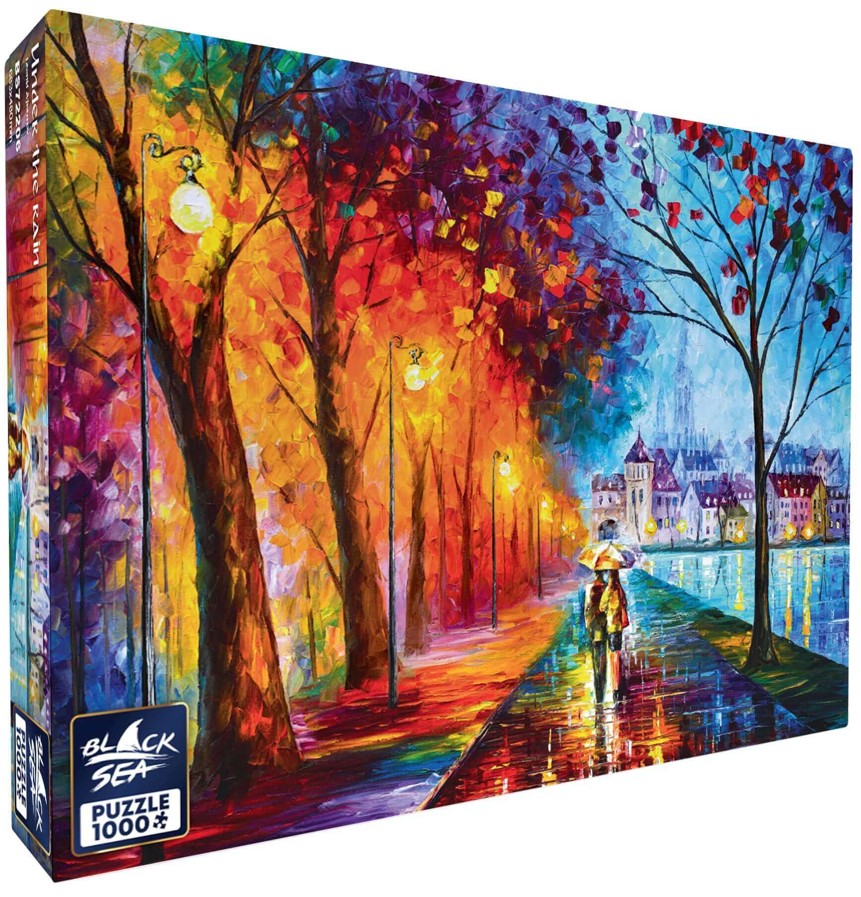 Puzzle Black Sea Premium 1000 pieces - Under the Rain, Leonid Afremov represents autumn as never before. It is colourful and warm, and the whole world is reflected in the streets, washed by the warm rain. Afremov’s unique style using a palette knife with