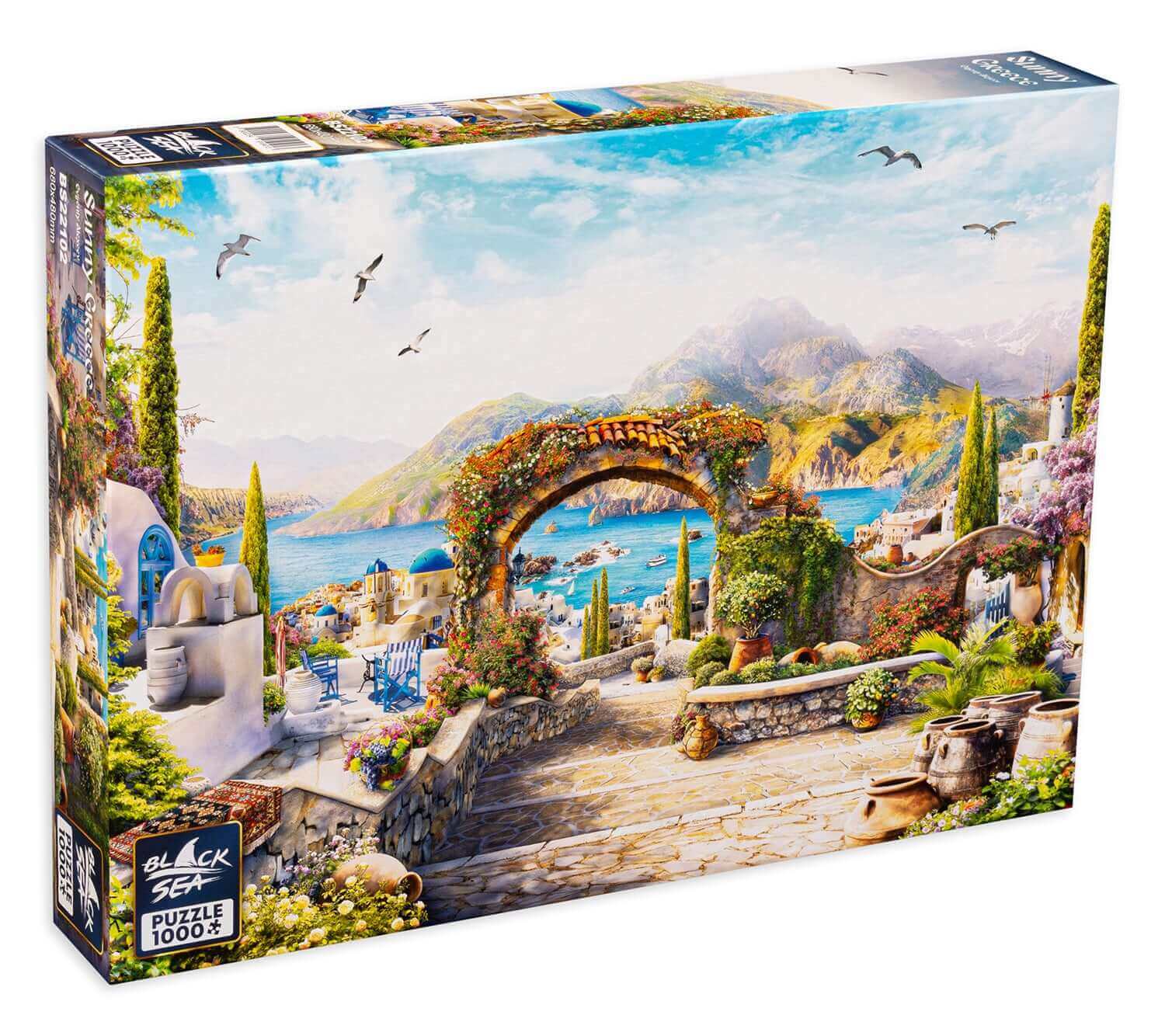 Puzzle Black Sea 1000 pieces - Sunny Greece, Go for a walk by the sea in the lush summer and let its soft, blue peace overwhelm you. Feel the caress of the rays of the sun slowly turning your skin into bronze. The soft rhythm of the waves is disturbed onl