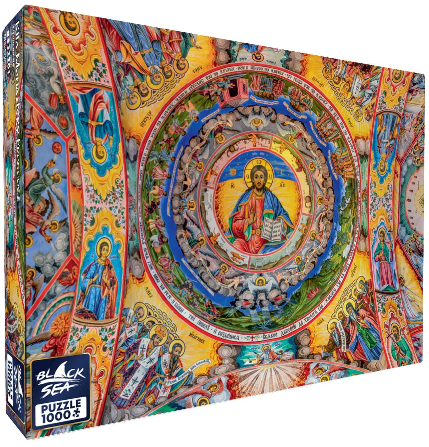 Puzzle Black Sea Premium 1000 pieces - Rila Monastery Frescoes, Rila Monastery has endured ten centuries of the elements, raids and attacks and it lives on, preserving the magnificence of its medieval wall paintings. Colours and themes come together in un