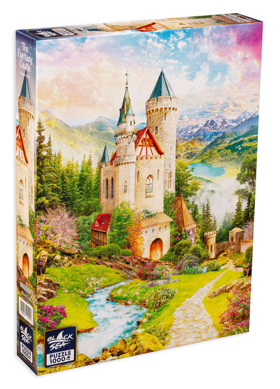 Puzzle Black Sea 1000 pieces - The Fantasy Castle, A majestic castle made of stone reigns over the hill, surrounded by emerald fields where the grass dances with the winds. Fountains adorn the façade of the castle. Their jets of water rise towards the ski