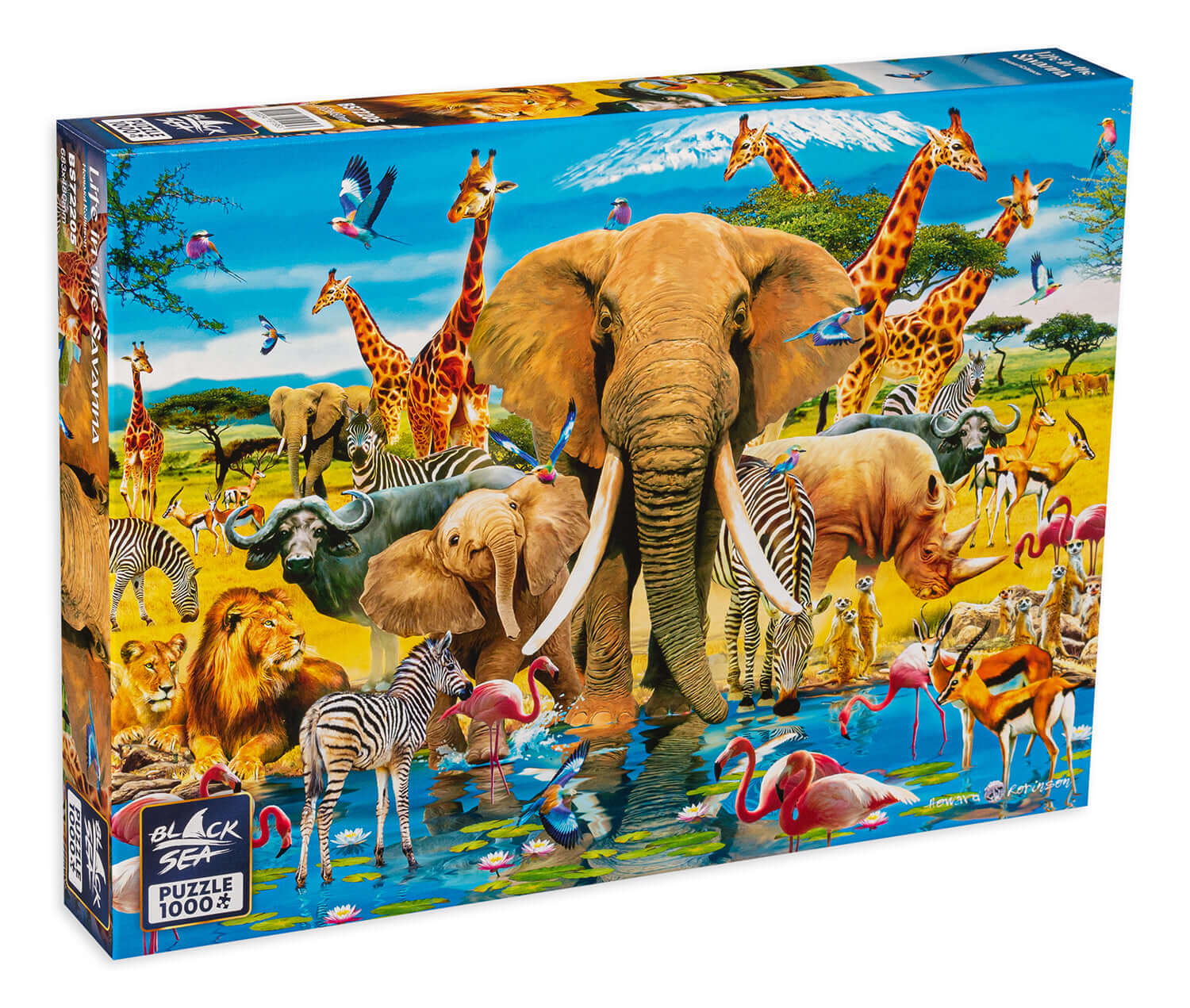 Puzzle Black Sea Premium 1000 pieces - Life in the Savanna, A diversity of animal and plant species, lakes and oases – this is the Savanna. It is home to the majestic lions and leopards, to graceful antelopes, to the gigantic elephants, the fast zebra and